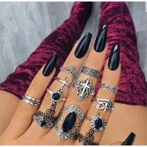 11 piece silver metal stackable midi boho knuckle Ankh & Eye of Horus ring set